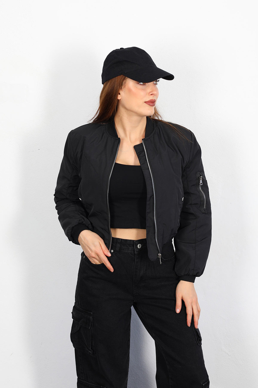 Berox - Apoletli Crop Siyah Kadın Bomber Ceket