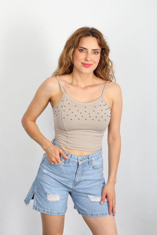 Berox - Askılı İncili Vizon Kadın Crop Top