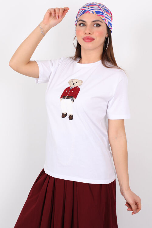 Ayıcık Nakışlı Bisiklet Yaka Kısa Kol Beyaz Kadın T-Shirt - 3