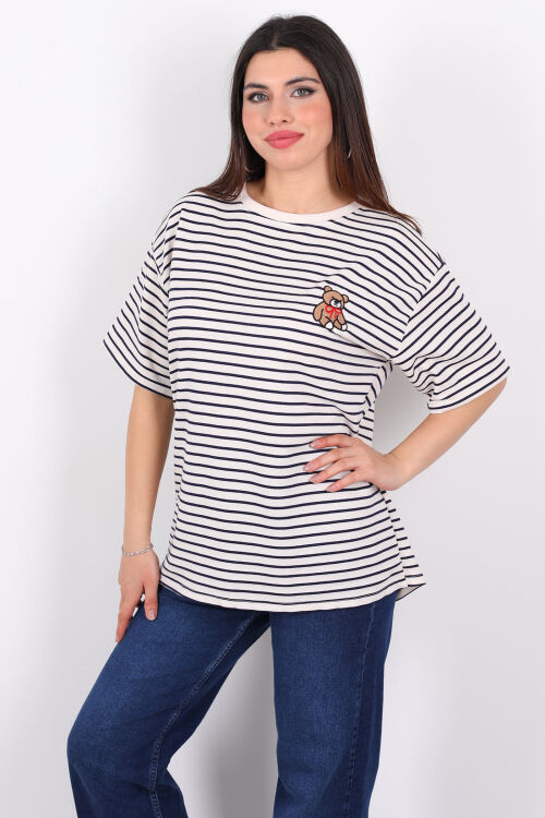 Ayıcık Nakışlı Çizgili Oversize Kısa Kol Siyah Kadın T-Shirt - 4