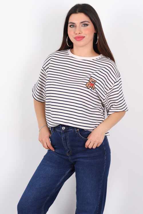 Ayıcık Nakışlı Çizgili Oversize Kısa Kol Siyah Kadın T-Shirt - 3