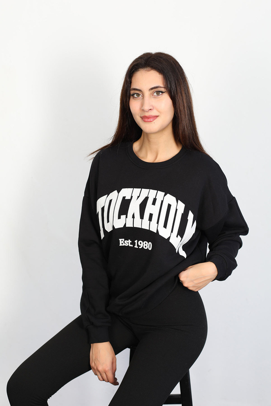 Berox - Bisiklet Yaka Yazı Baskılı Unisex Siyah Şardonlu Sweat