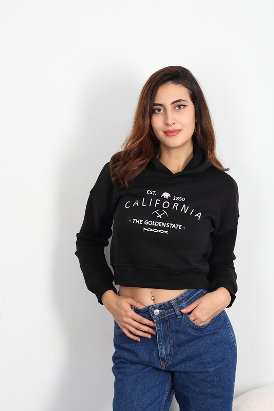 Berox - California Baskılı Kapüşonlu Kadın Siyah Crop Sweat