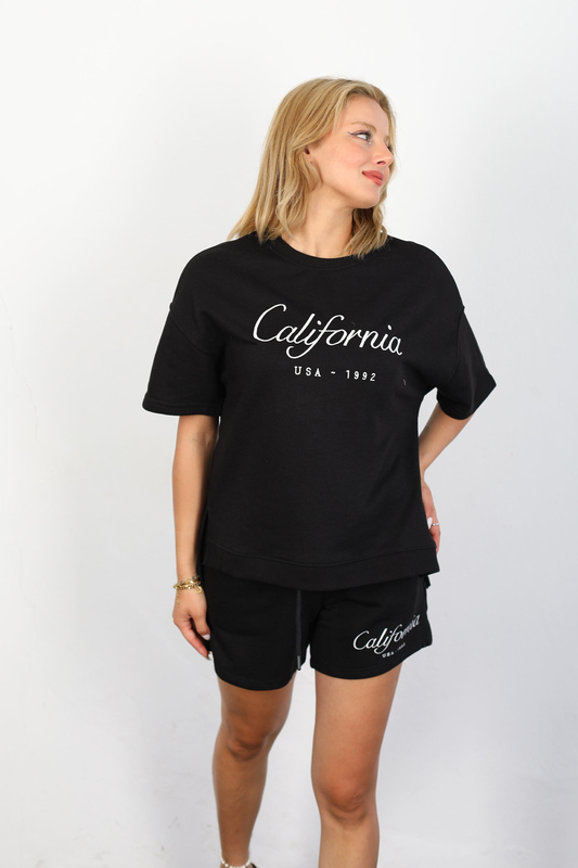 California Baskılı Siyah Kadın T-shirt Şort Takım - 4