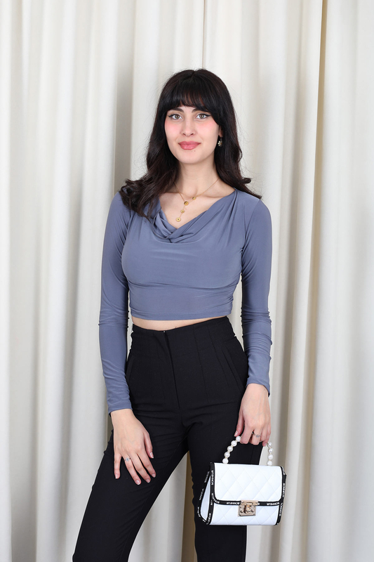 Berox - Degaje Yaka Kadın Antrasit Sandy Crop Top