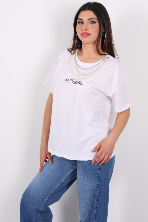 İnci Kolye Detaylı Baskılı Yarım Kol Beyaz Kadın T-Shirt - 3