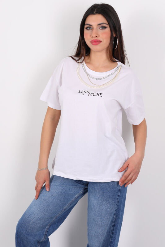 İnci Kolye Detaylı Baskılı Yarım Kol Beyaz Kadın T-Shirt - 5