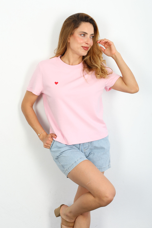 Kalp Nakışlı Bisiklet Yaka Basic Pembe Kadın T-Shirt - 3