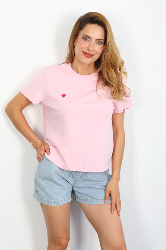 Kalp Nakışlı Bisiklet Yaka Basic Pembe Kadın T-Shirt - 2