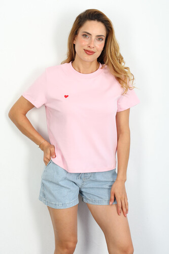 Kalp Nakışlı Bisiklet Yaka Basic Pembe Kadın T-Shirt 