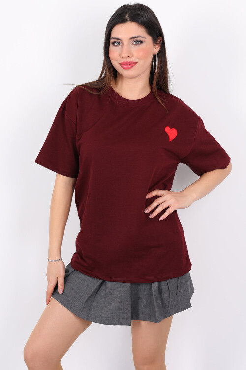 Kalp Nakışlı Bisiklet Yaka Oversize Bordo Kadın T-Shirt - 4