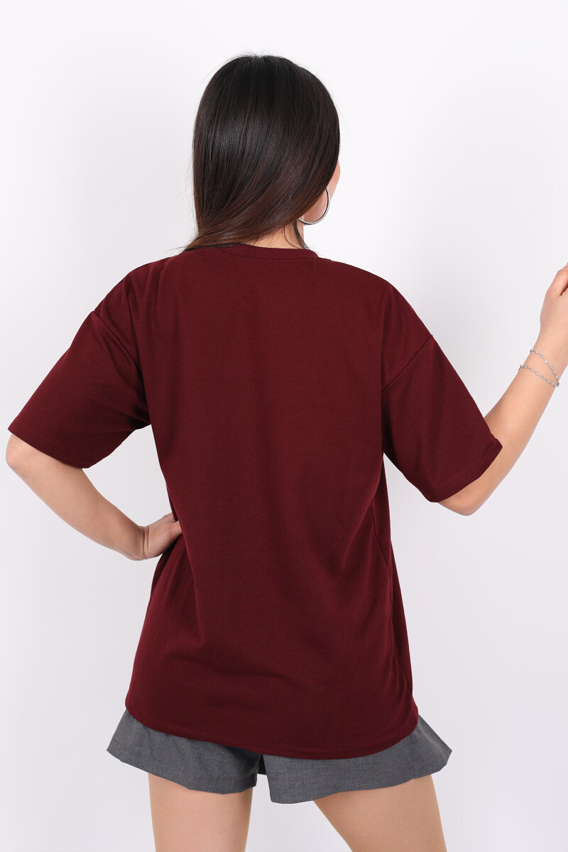 Kalp Nakışlı Bisiklet Yaka Oversize Bordo Kadın T-Shirt - 5