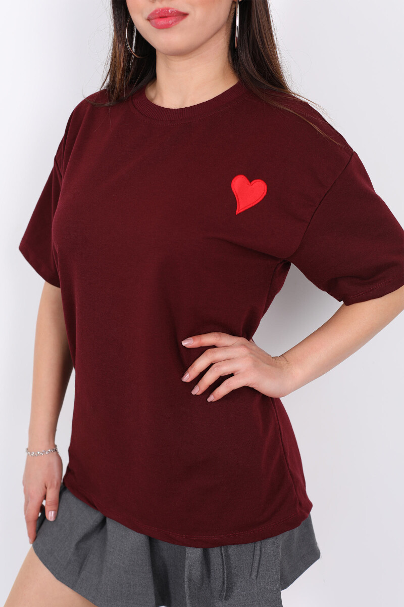 Kalp Nakışlı Bisiklet Yaka Oversize Bordo Kadın T-Shirt - 2