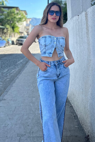 Kar Yıkama Straplez Mavi Kadın Denim Büstiyer - 1