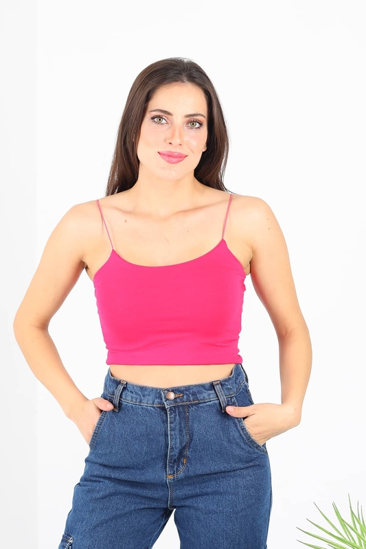 Berox - Lastik Askılı Fuşya Kadın Crop Top