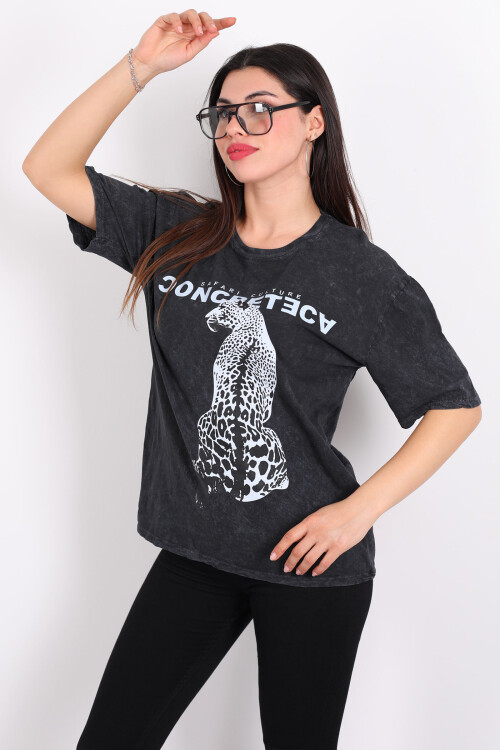 Leopar Baskılı Yıkamalı Oversize Antrasit Kadın T-Shirt - 1
