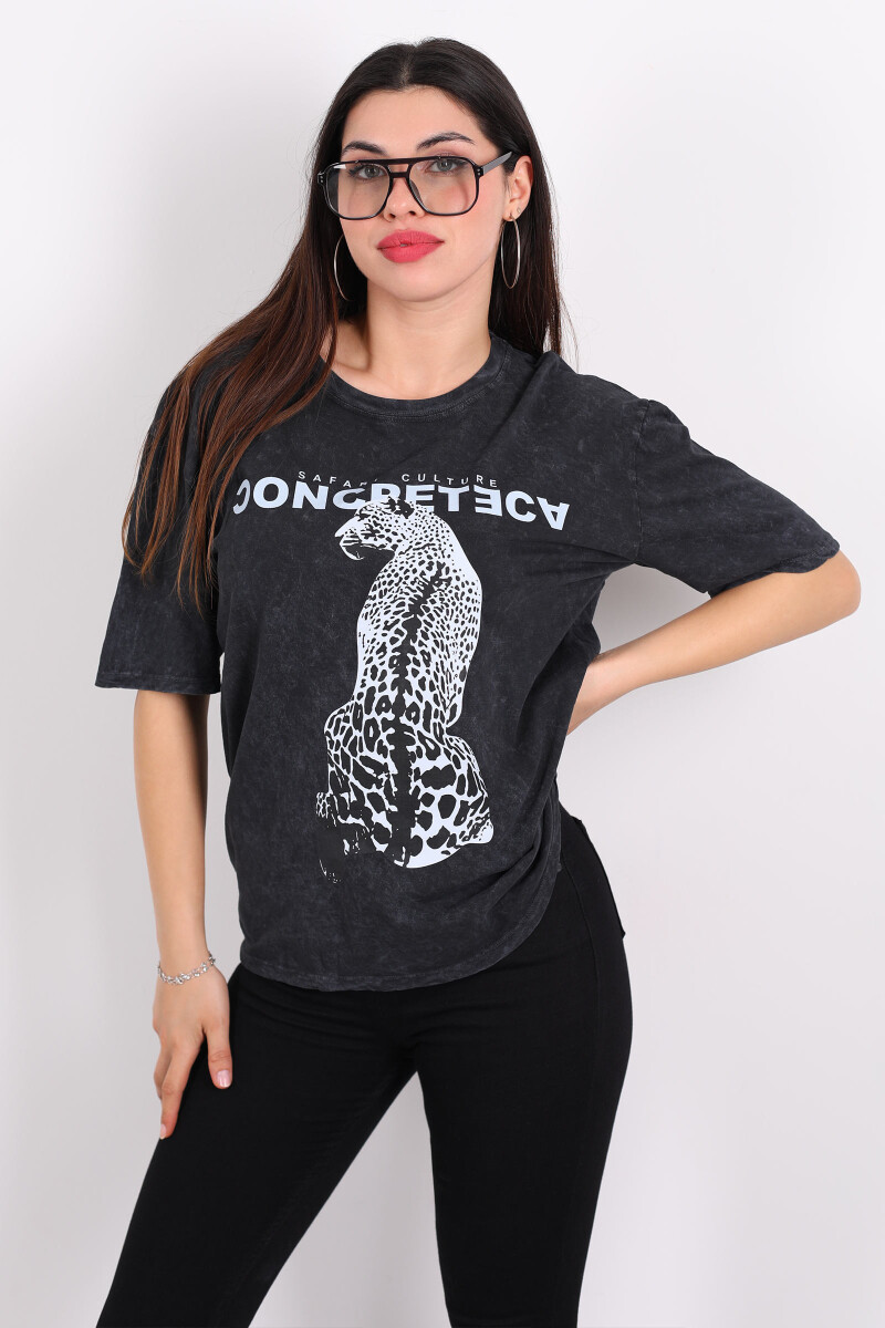 Leopar Baskılı Yıkamalı Oversize Antrasit Kadın T-Shirt - 3