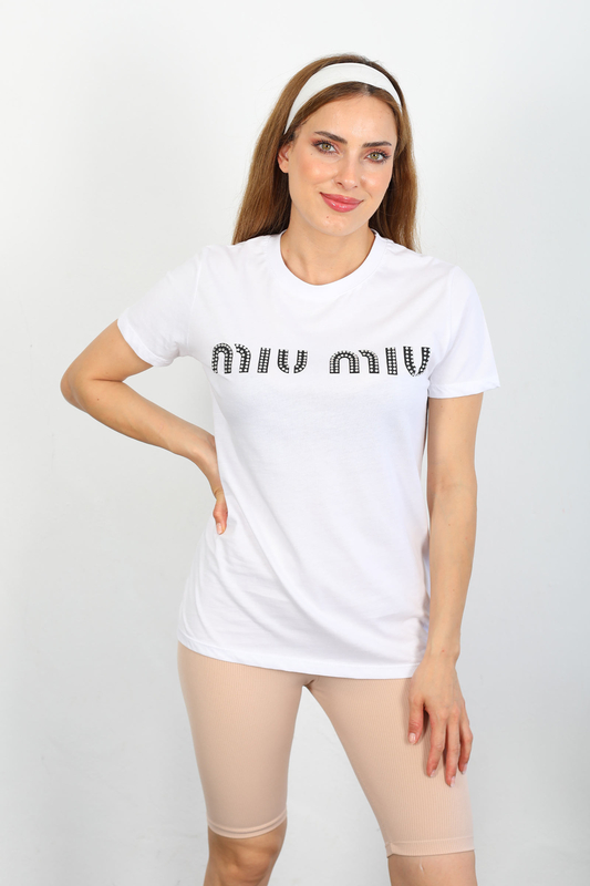 Berox - MIU MIU Taş Baskılı Beyaz Kadın T-shirt