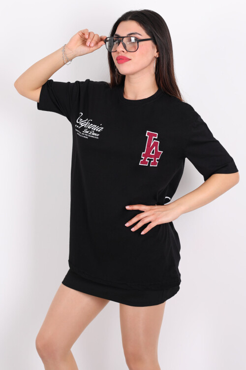 Ön Arka California Baskılı Oversize Siyah Kadın T-Shirt - 4