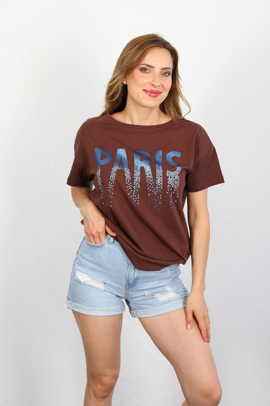 Berox - Paris Payet Baskılı Yan Büzgülü Kahverengi Kadın T-shirt