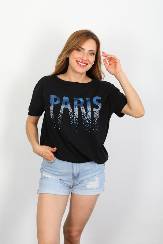 Berox - Paris Payet Baskılı Yan Büzgülü Siyah Kadın T-shirt