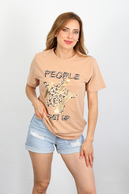 Berox - People İnci Taş Leopar Baskılı Bej Kadın Oversize T-shirt