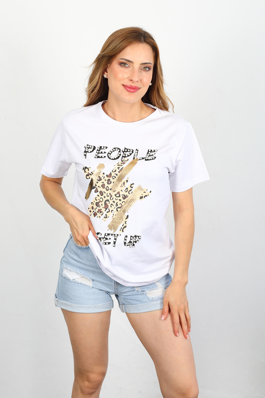 Berox - People İnci Taş Leopar Baskılı Beyaz Kadın Oversize T-shirt