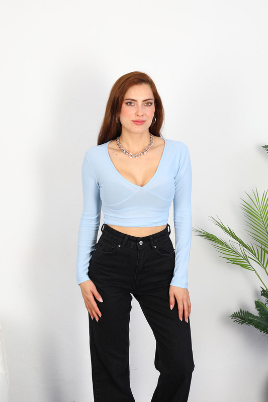 Berox - Sırtı Bağcıklı Dekolteli Mavi Kadın Crop Top