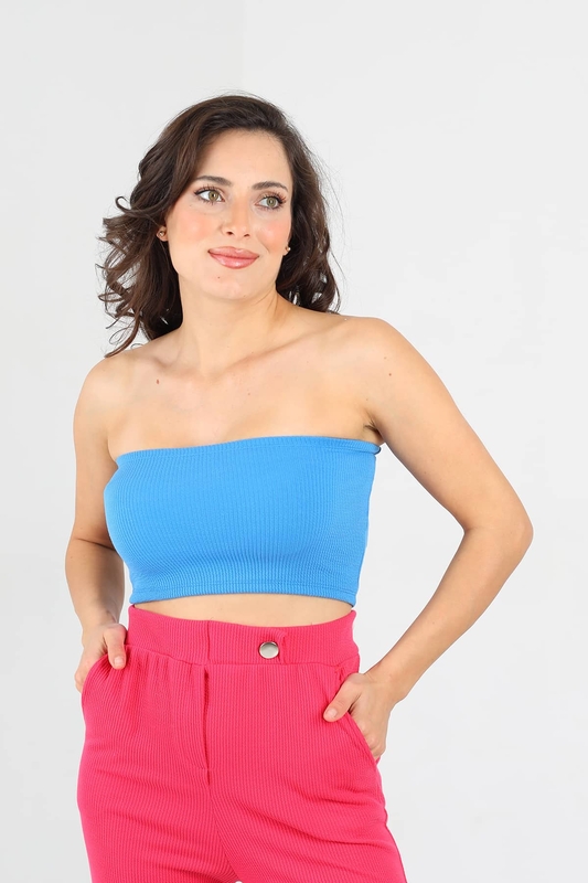 Berox - Straplez Fitilli Mavi Kadın Crop Top