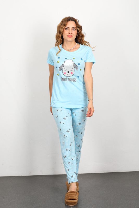 Berox - Tavşan Baskılı Kadın Mavi Kısa Kol Pijama Takımı