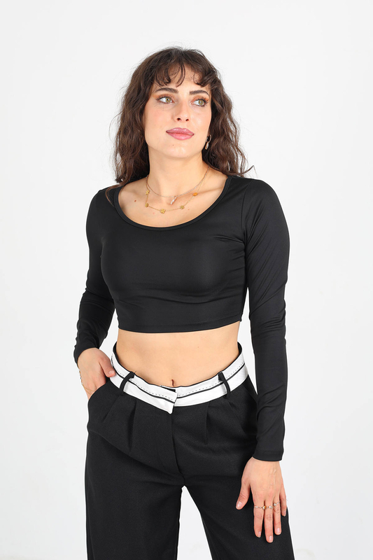 Berox - U Yaka Kadın Siyah Scuba Crop Top