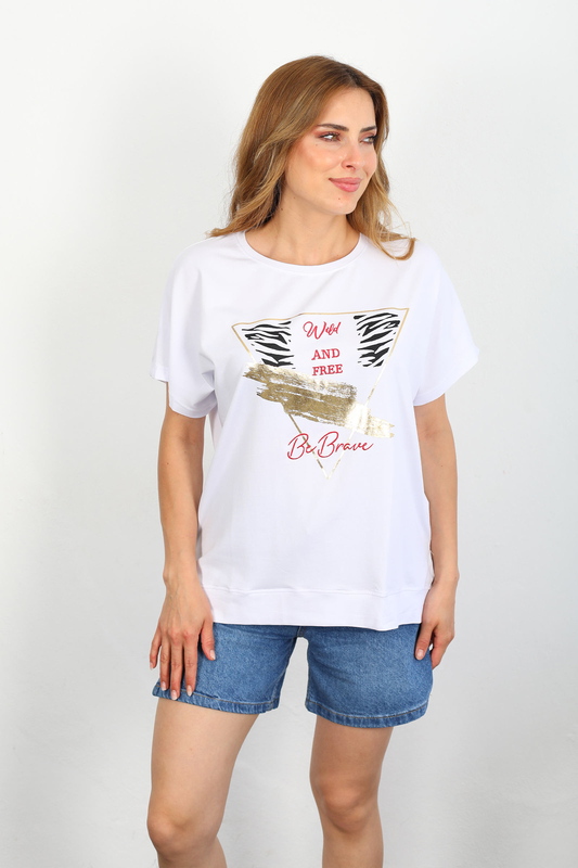 Berox - Wild And Free Baskılı Varaklı Beyaz Kadın Oversize Yırtmaçlı T-shirt