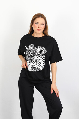 Zebra Baskılı Oversize Siyah Kadın T-Shirt 